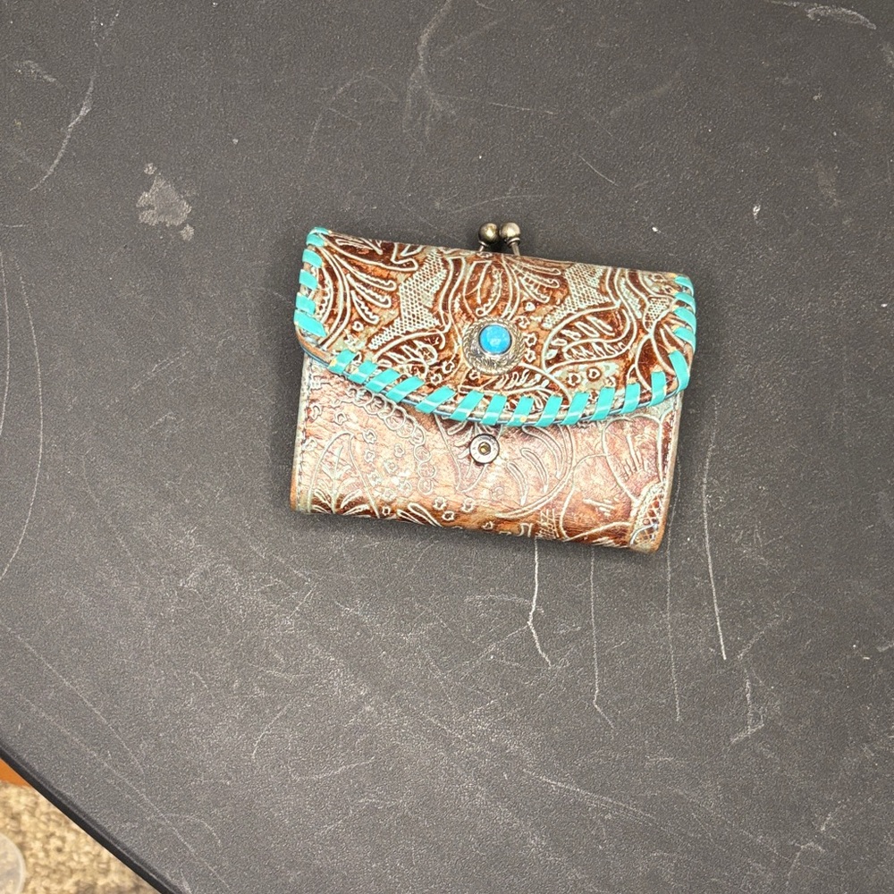 Embossed Brown Leather Mini Wallet with Turquoise Trim